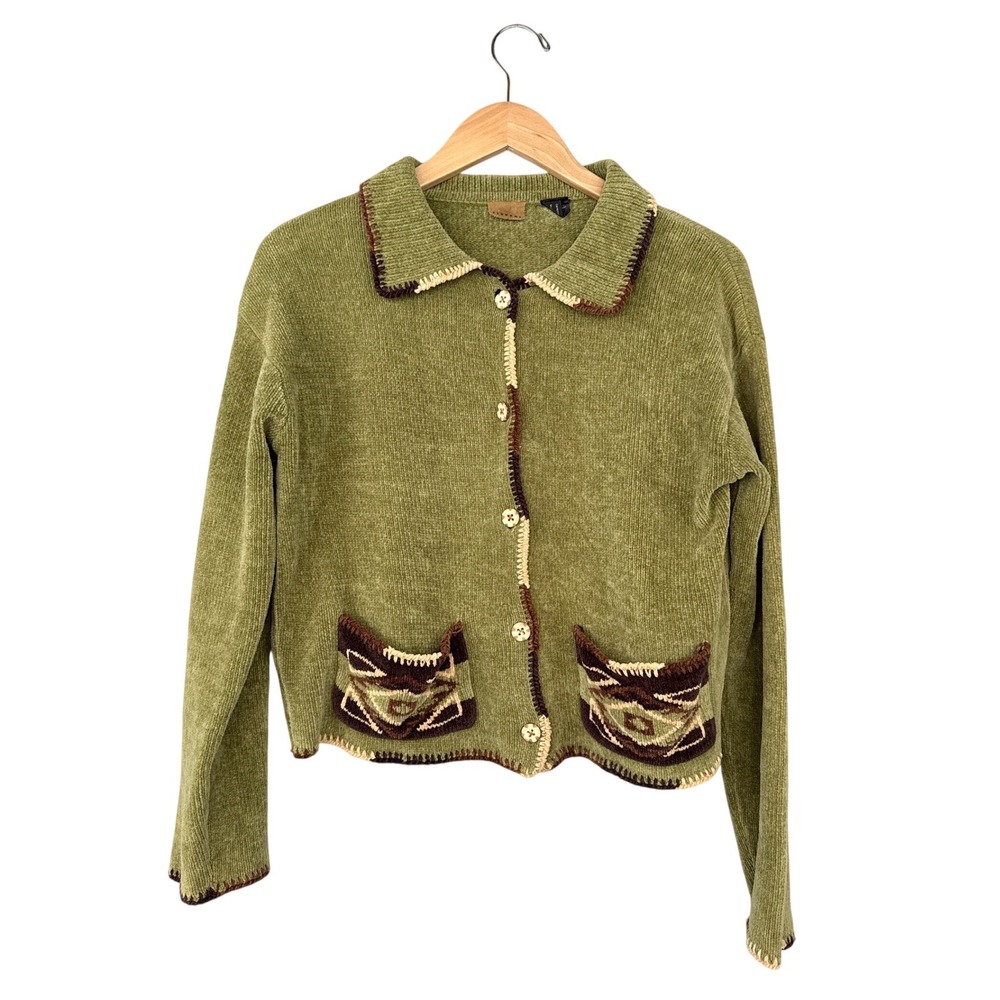 VTG Tsunami Cardigan Horses Sweater Women Medium Green Brown Chenille Equestrian